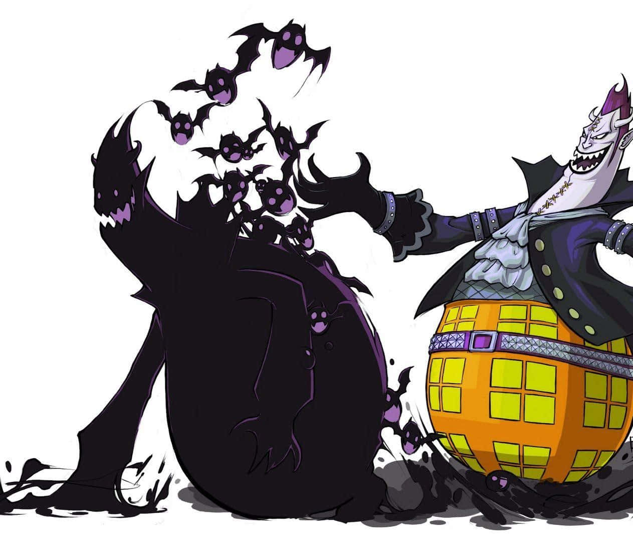 gecko moria 桌布 壁紙 — 一個帶有蝙蝠群的威脅性動畫海盜在戲劇性的白色背景上攻擊一個陰影人物。