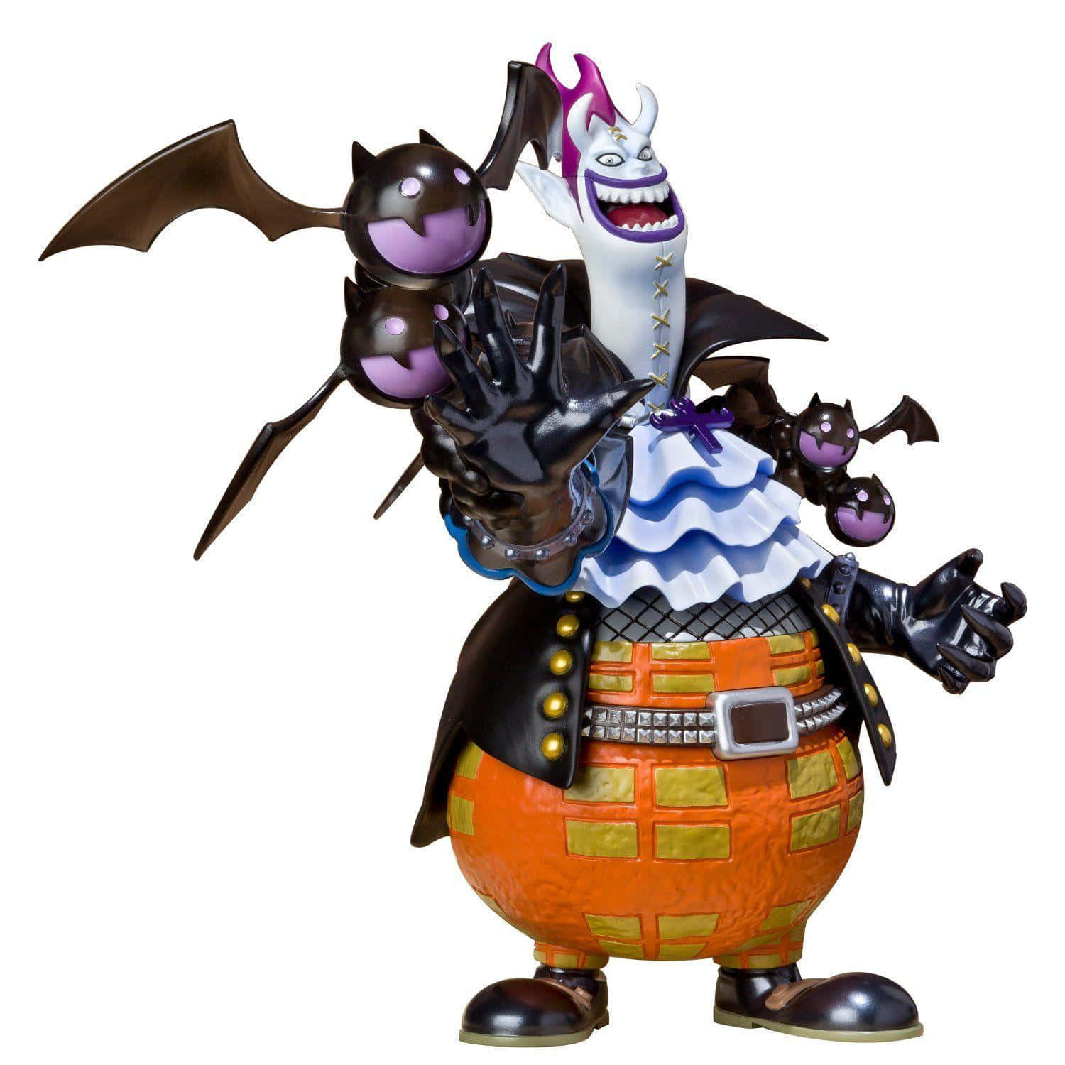 gecko moria 桌布 壁紙 — 一個帶有蝙蝠翅膀和紫色眼睛的威嚇動漫人偶，站在白色背景前，被較小的蝙蝠狀生物包圍。