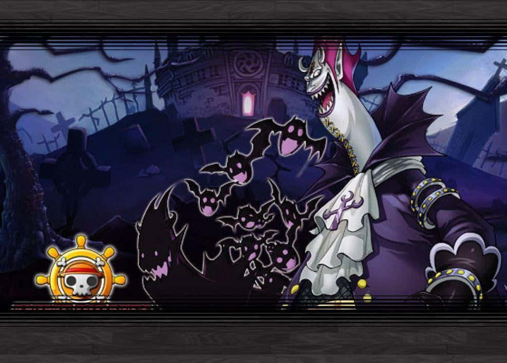 gecko moria 桌布 壁紙 — 一個帶有蝙蝠般生物的威脅性動漫海盜從月光下的黑暗墓地中出現。
