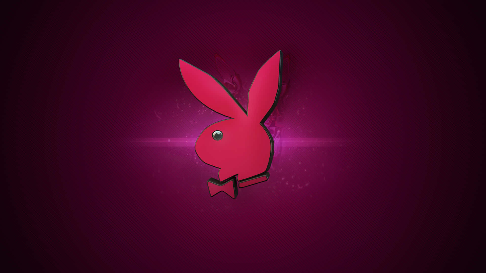 Playboy Aesthetic 桌布 壁紙 — 一個帶有蝴蝶結的光澤粉紅色Playboy兔子標誌，在帶有鏡頭光暈的深洋紅色漸變背景上發光。