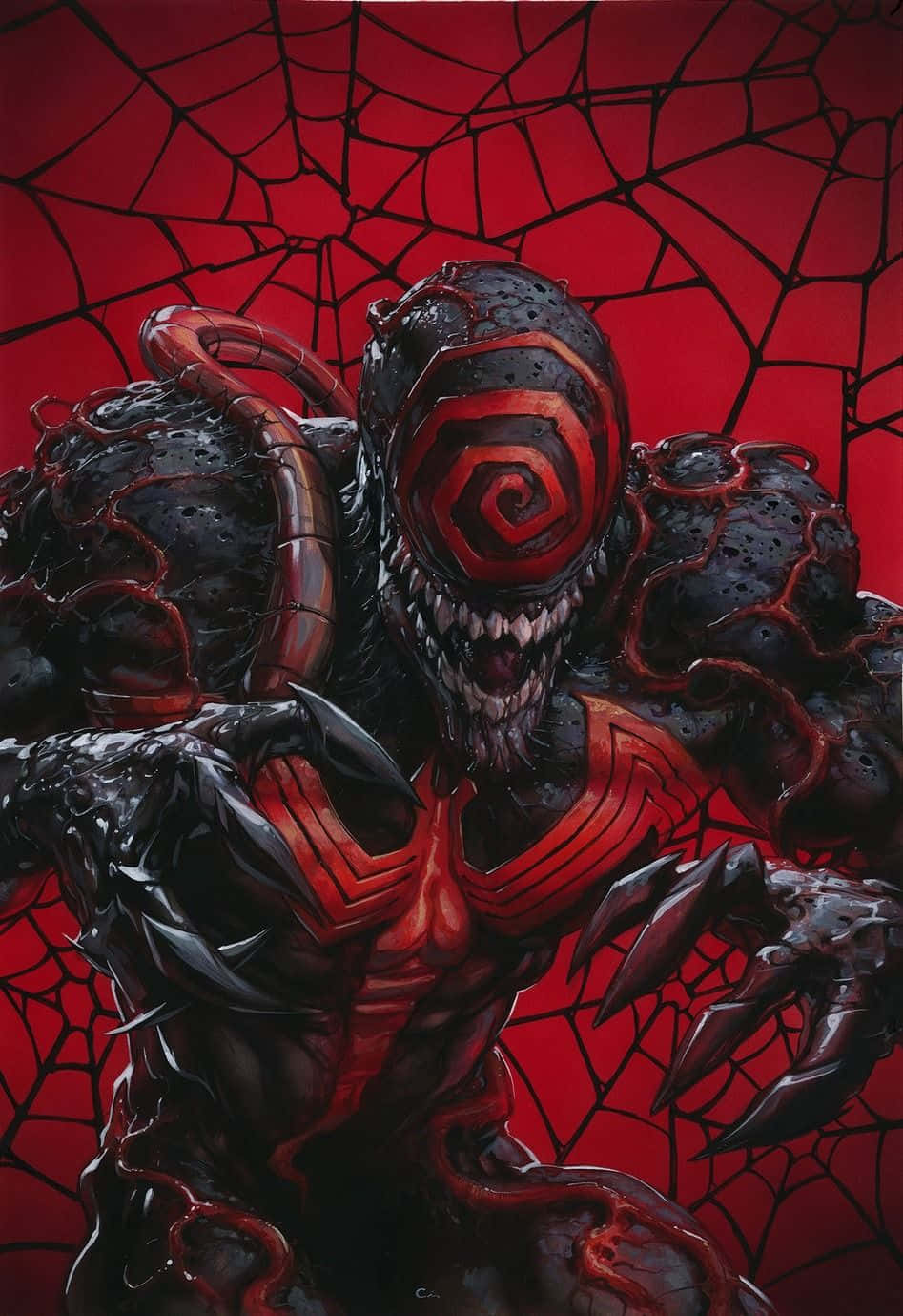 Symbiote 桌布 壁紙 — 一個帶有螺旋眼和鋒利爪子的威脅性紅黑共生生物，在裂開的紅色背景上隱約出現。