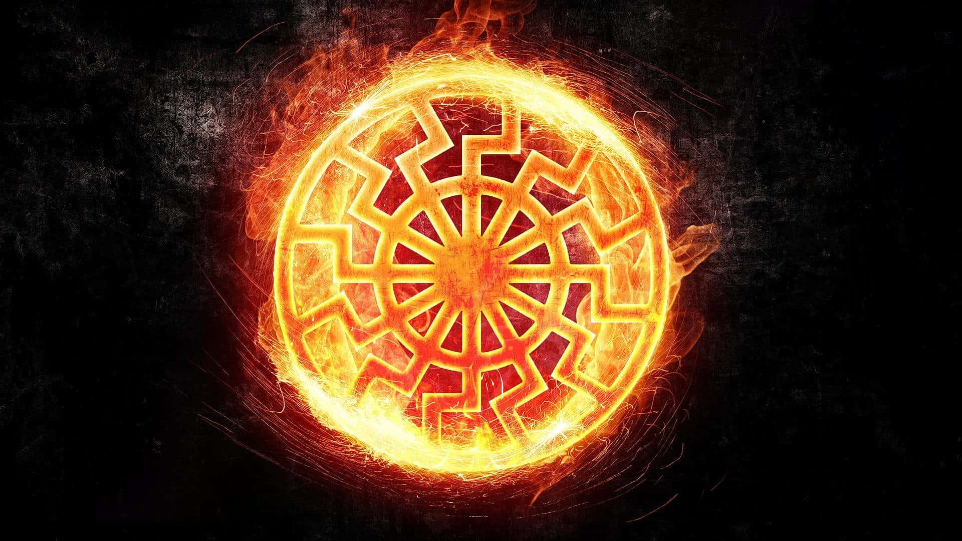 Alchemy 桌布 壁紙 — 一個帶有複雜幾何圖案的熾熱發光圓形曼陀羅，在深色紋理背景上劇烈燃燒。