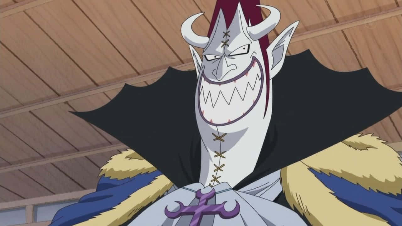 gecko moria 桌布 壁紙 — 一個帶有角和縫合笑容的威脅性動畫反派，在木樑下穿著黑色斗篷和毛邊外套。