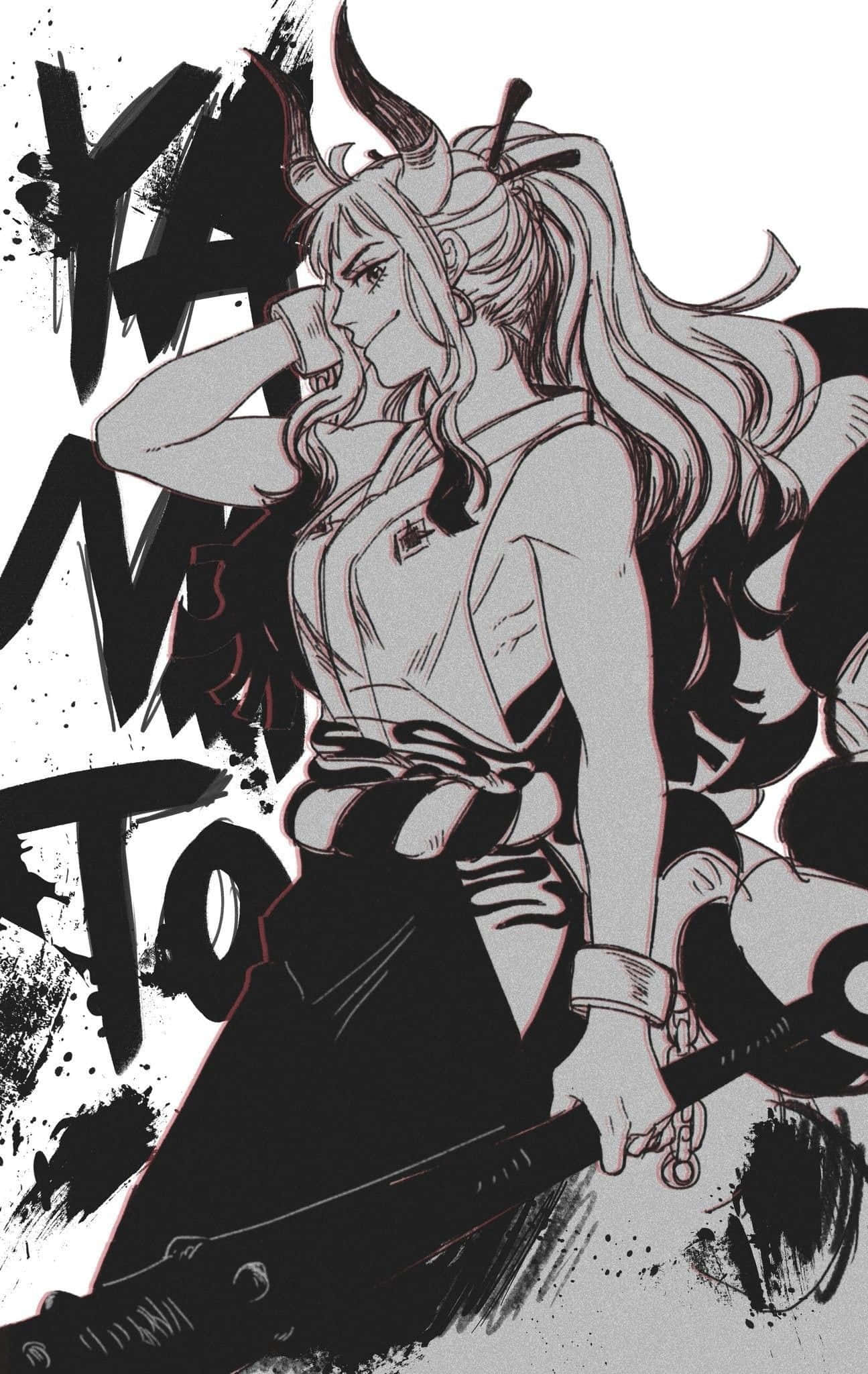 One Piece Manga 桌布 壁紙 — 一個帶有角和長髮的兇猛動漫女孩，在醒目的黑色塗鴉背景前揮舞著劍。
