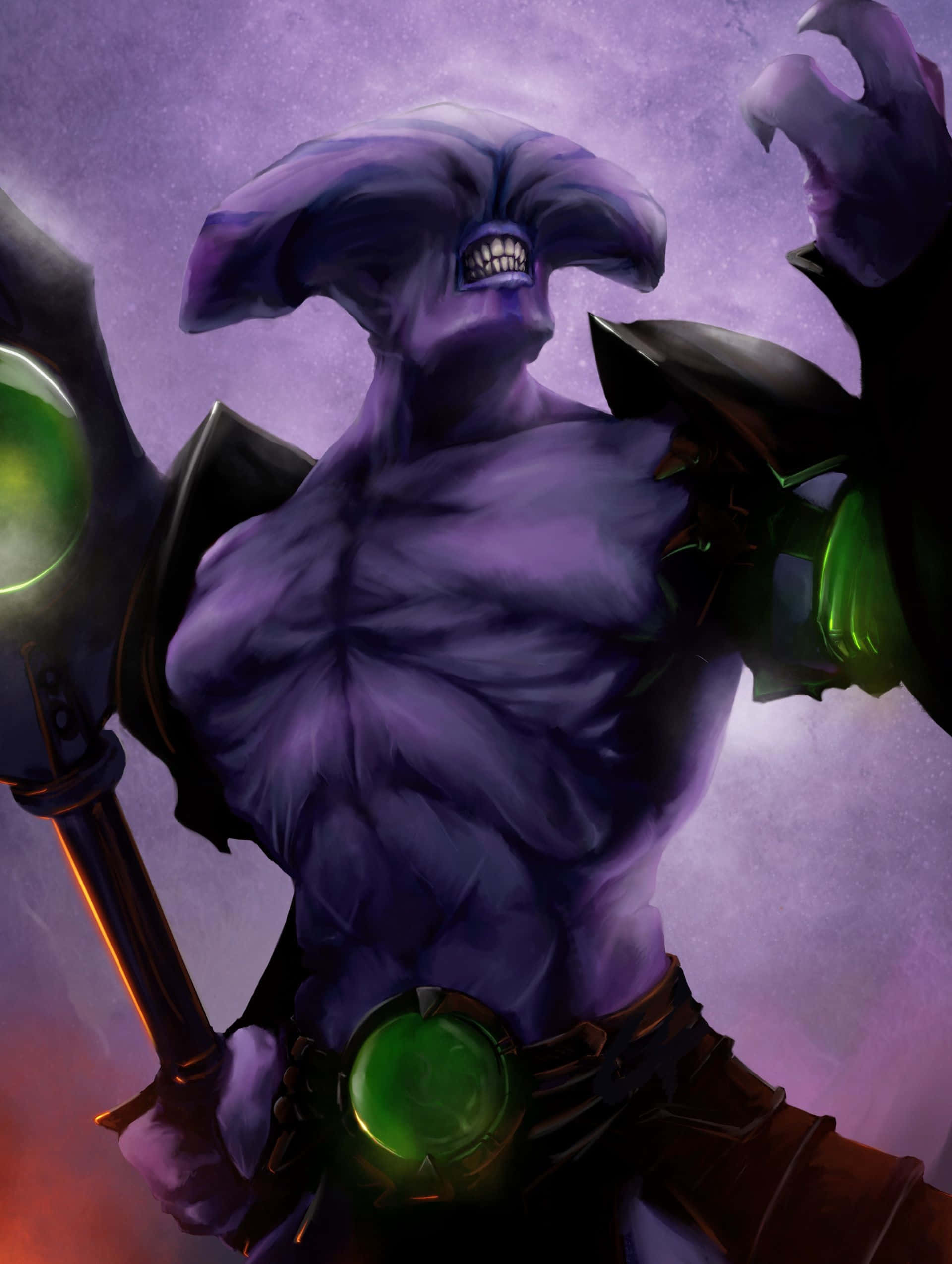 Faceless Void 桌布 壁紙 — 一個帶有角頭的威脅性紫色皮膚惡魔，在星光點點的紫色背景下揮舞著發光的綠色法杖。
