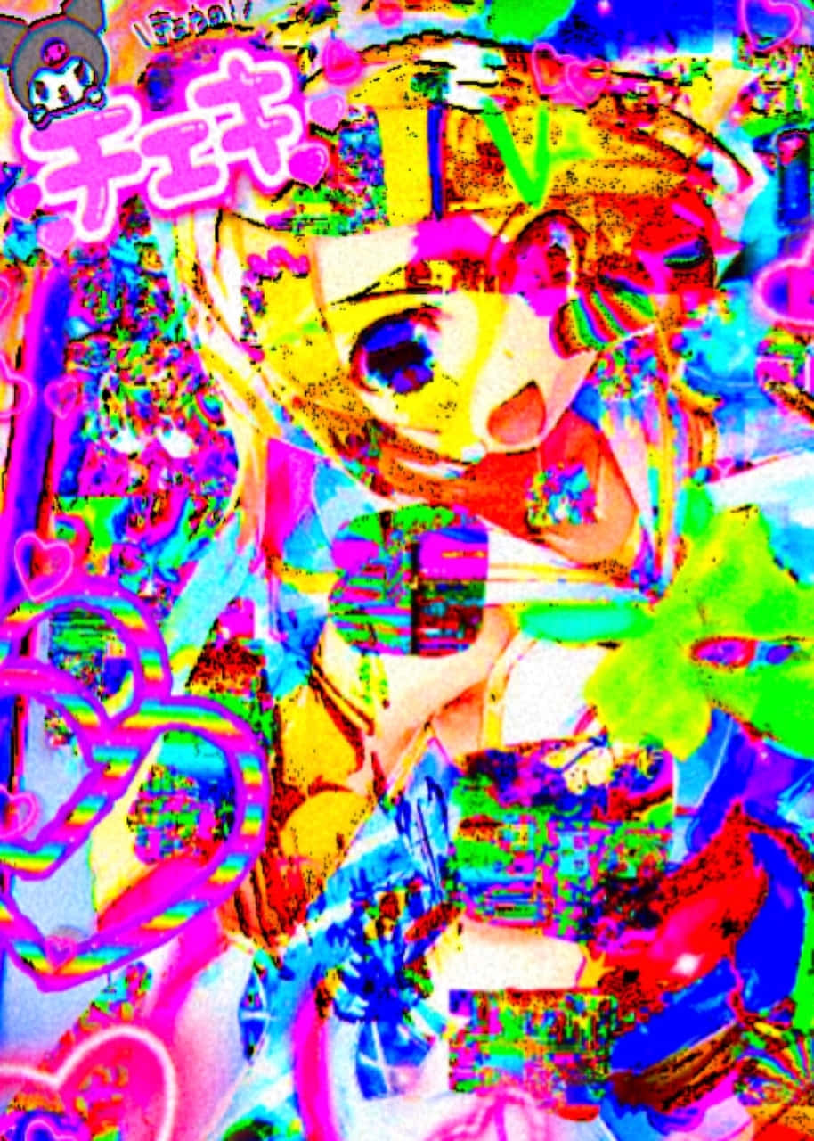 Scenecore 桌布 壁紙 — 一個帶有超大眼睛和彩虹扭曲效果的故障藝術動漫女孩，周圍環繞著心形和日文文字。