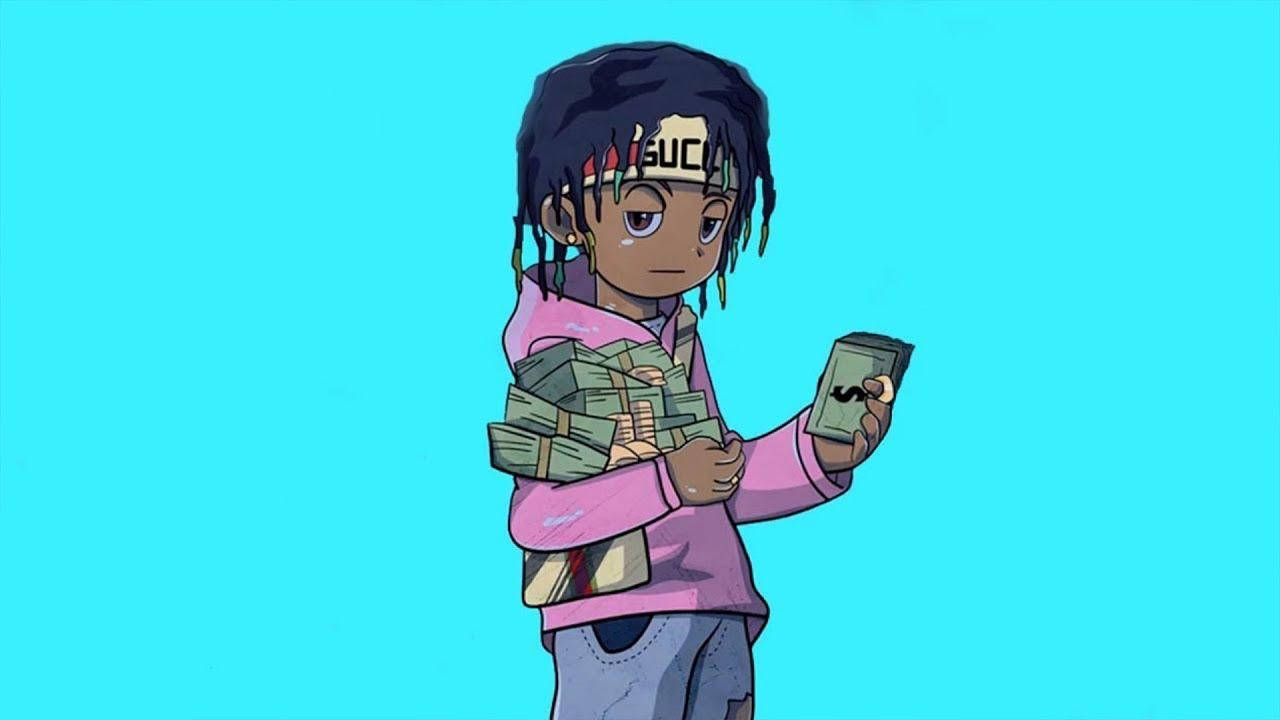 Juice WRLD 桌布 壁紙 — 一個帶有辮子頭和Gucci頭帶的卡通角色，在明亮的青色背景前拿著一疊疊現金和一部手機。