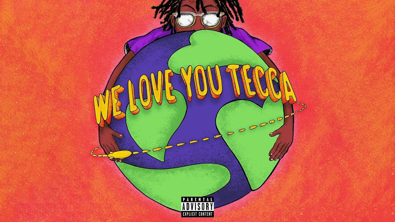 Juice WRLD 桌布 壁紙 — 一個帶有辮子頭和眼鏡的風格化人物擁抱著一個地球，上面有 'WE LOVE YOU TECCA' 的粗體黃色文字，背景是火熱的橙色。