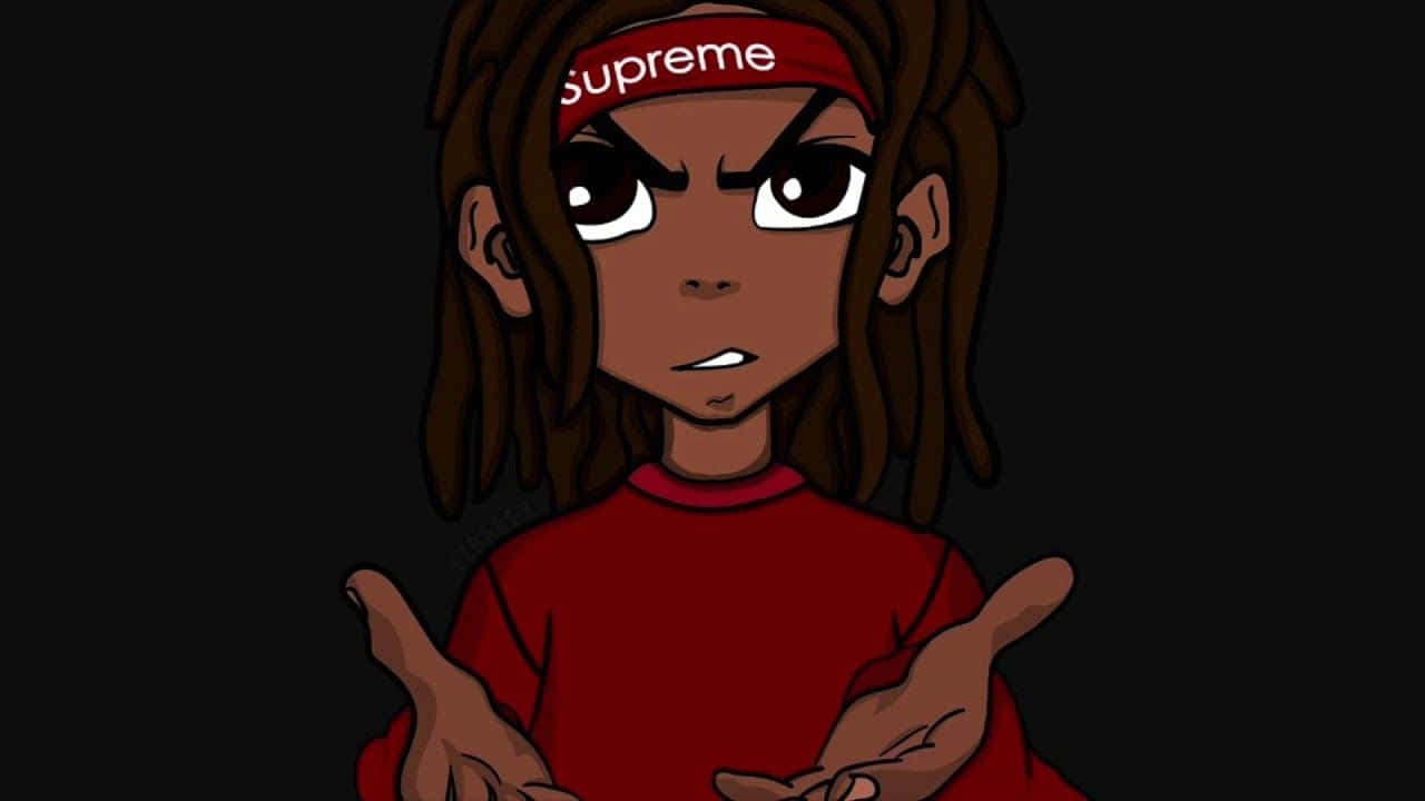 trippie redd 桌布 壁紙 — 一個帶有辮子頭和紅色Supreme頭帶的卡通人物，在黑色背景前聳肩，表情懷疑。