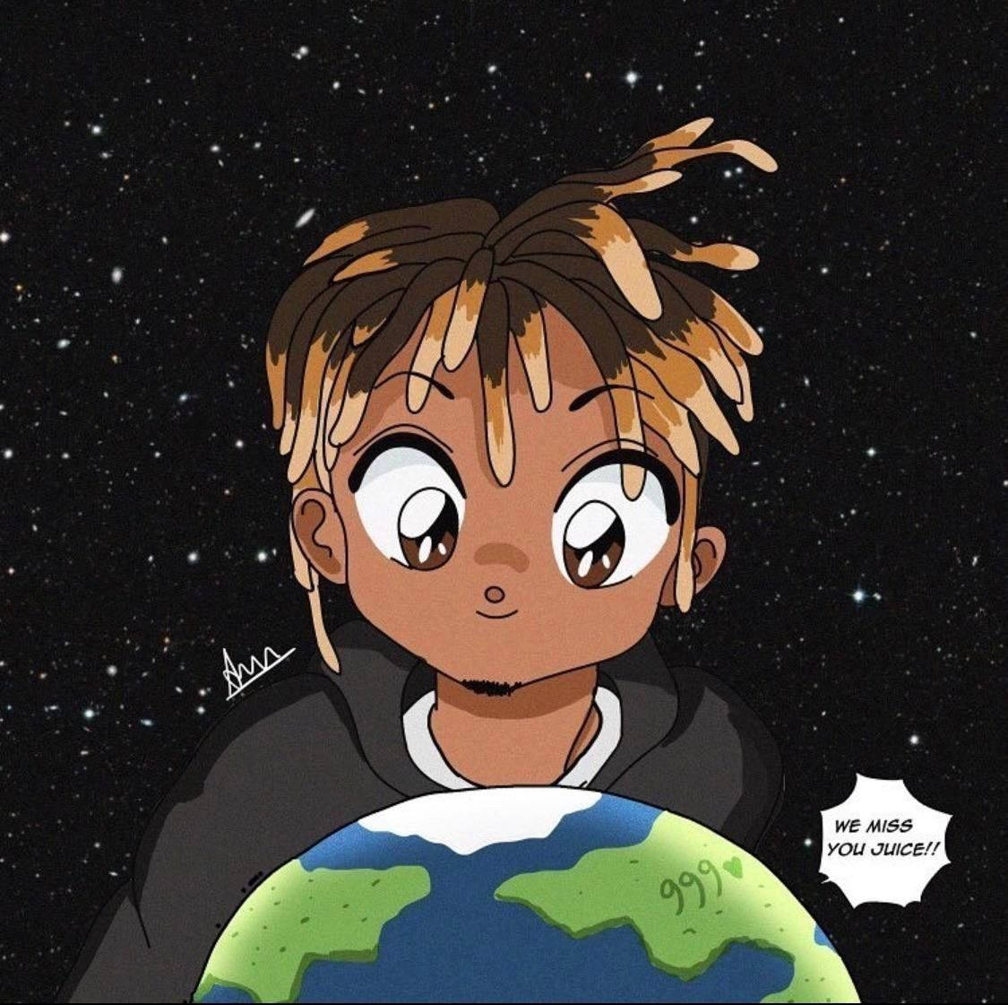 嘻哈 桌布 壁紙 — 一個帶有辮子頭的卡通小孩在星空太空背景下抱著一個地球儀，並有一個對話框寫著我們想念你 juice。