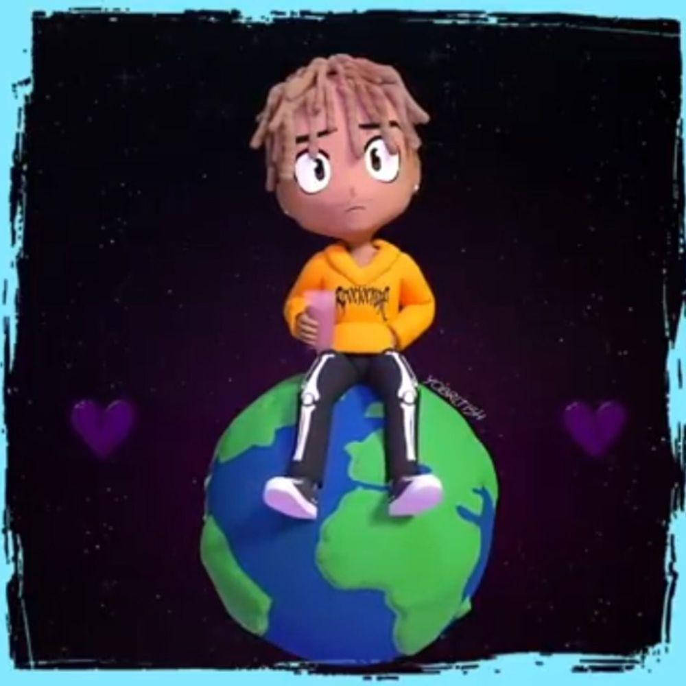 Juice WRLD 桌布 壁紙 — 一個帶有辮子髮型的Q版動畫角色坐在色彩繽紛的黏土地球上，背景是星空宇宙和紫色心形。