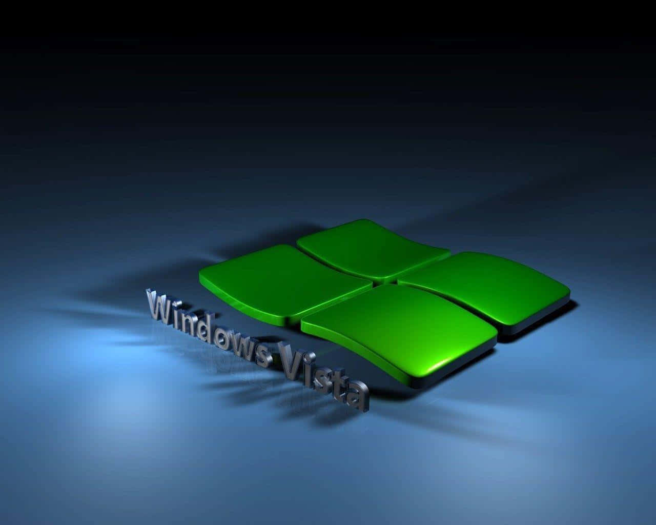 Windows Vista 桌布 壁紙 — 一個帶有金屬質感文字的亮綠色Windows Vista標誌，在戲劇性燈光下放置在藍色漸變表面上。