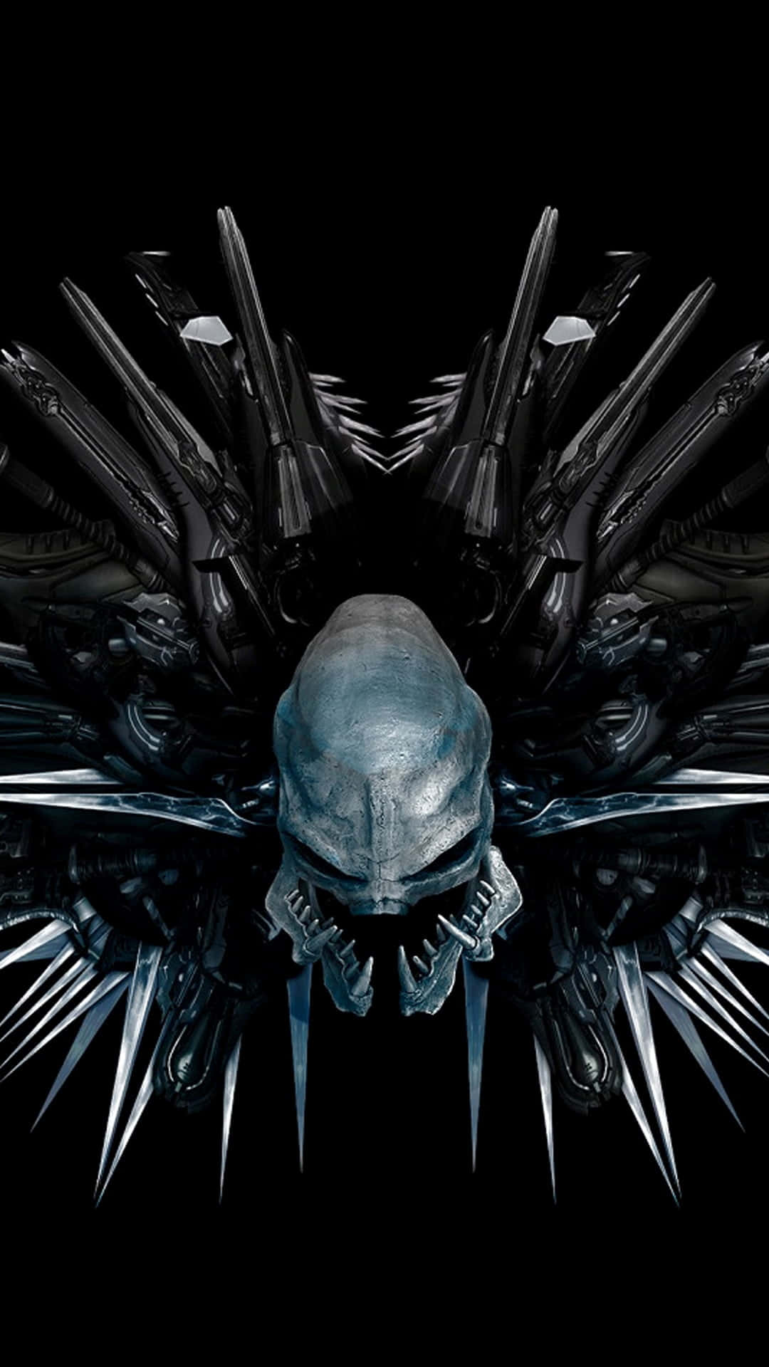 Halo Covenant 桌布 壁紙 — 一個帶有金屬鋒利刀片翅膀的威脅性外星人頭骨，襯托在黑色虛空中。