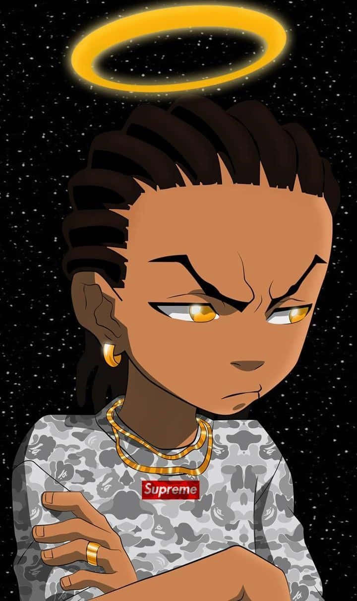鄉下地方 桌布 壁紙 — 一個帶有金色光環的動漫角色，穿著 Supreme 襯衫，憤怒地凝視著繁星點點的夜空。