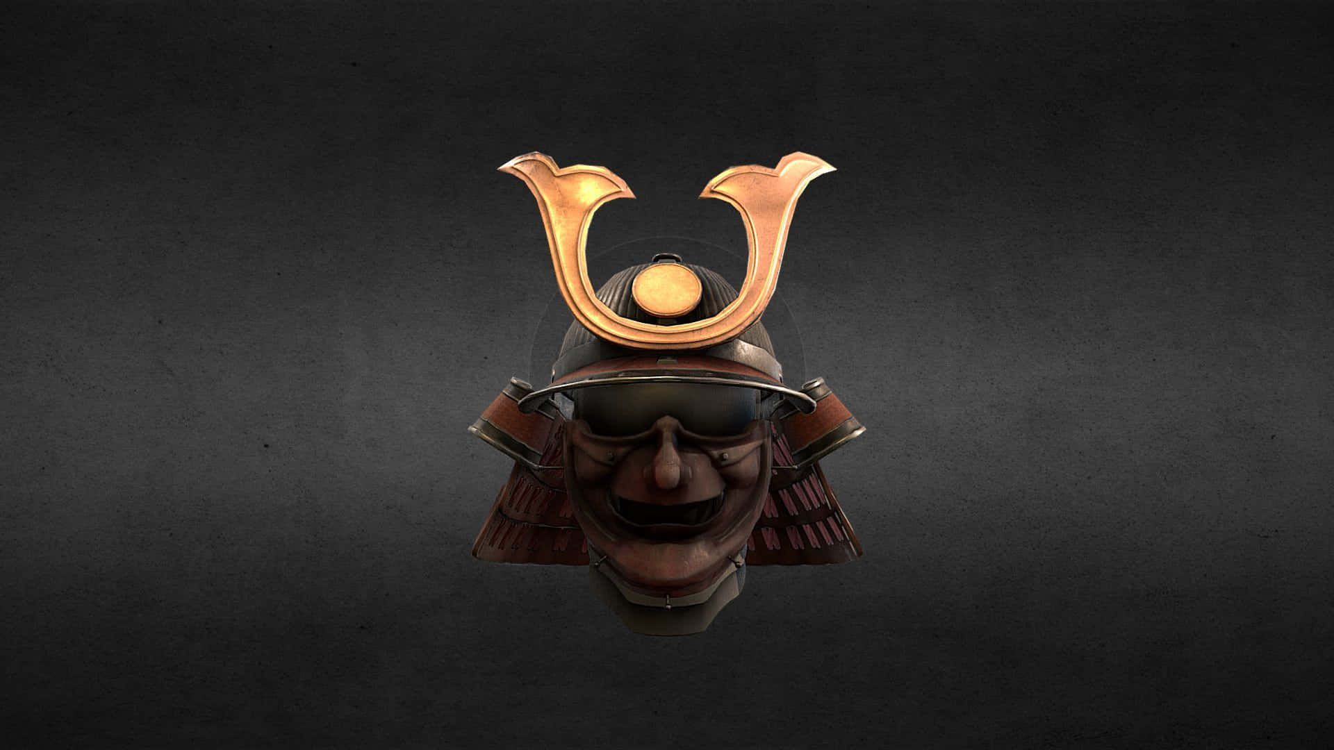 Samurai Helmet 桌布 壁紙 — 一個帶有金色新月紋章和深色面罩的武士頭盔，背景為紋理灰色。