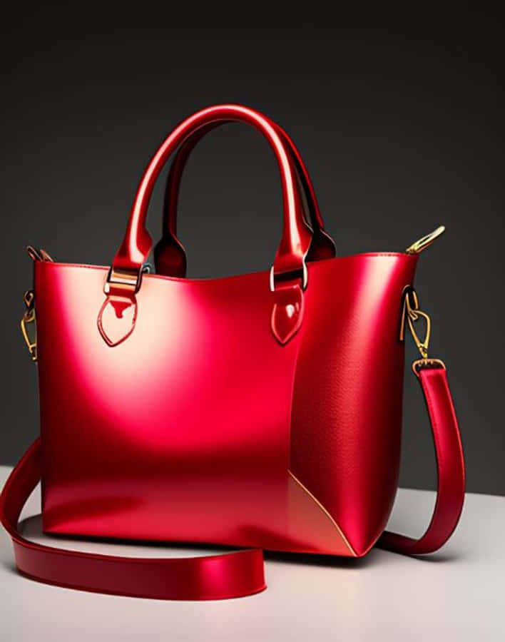 Red Handbag 桌布 壁紙 — 一個帶有金色金屬配件的亮面紅色手提包，優雅地放置在白色表面上，背景為深色。