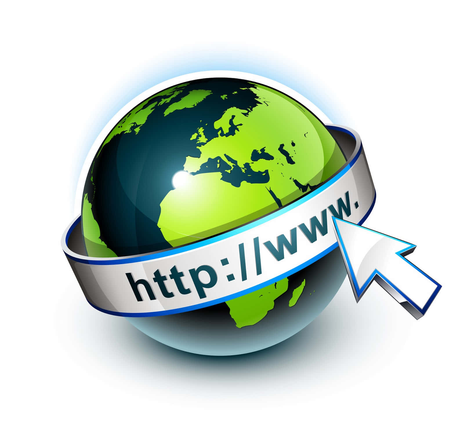 Website 桌布 壁紙 — 一個帶有銀色絲帶顯示 httpwww 和指向箭頭的亮綠色地球儀，背景為白色。