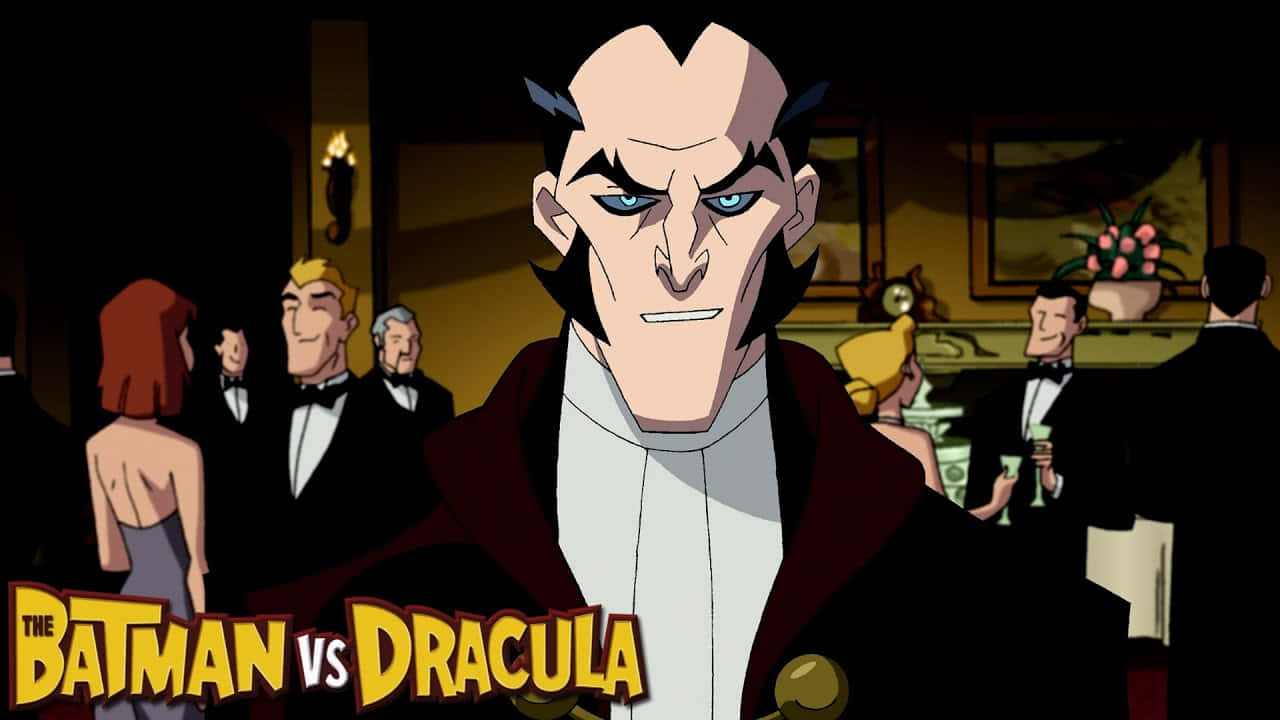 The Batman Vs Dracula 桌布 壁紙 — 一個帶有銳利藍眼睛和黑髮的威脅性動畫吸血鬼，在昏暗豪華的派對場景中強烈凝視著觀眾。