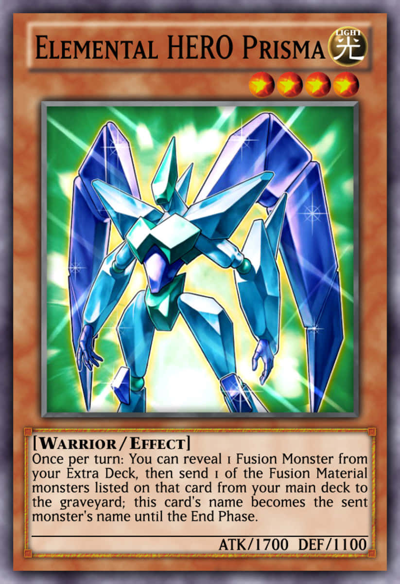 Yugioh Elemental Hero 桌布 壁紙 — 一個帶有鋒利幾何翅膀的結晶藍色英雄怪物，站在發光的綠色和黃色能量背景前。