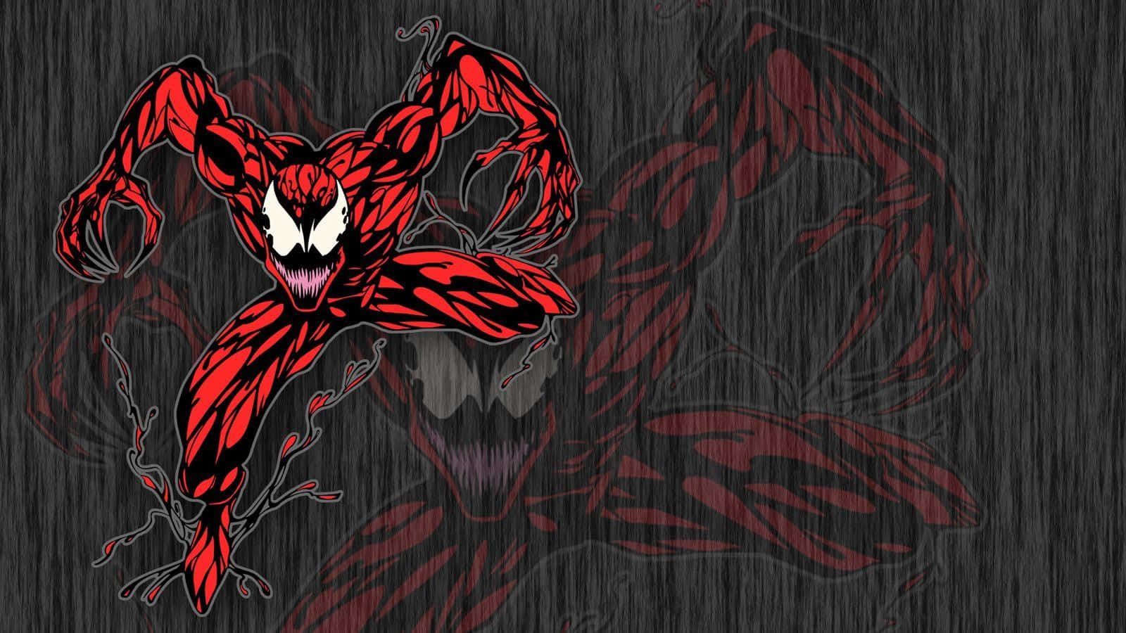 Maximum Carnage 桌布 壁紙 — 一個帶有鋒利爪子和發光白色眼睛的威脅性紅色共生體生物，在黑暗紋理背景上向前猛撲。