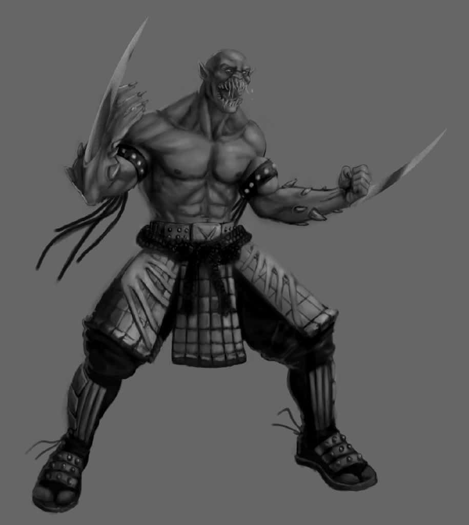 Mortal Kombat Baraka 桌布 壁紙 — 一個帶有鋒利爪子和雙刃的威嚇性肌肉惡魔戰士，以戰鬥姿態站在純灰色背景前。