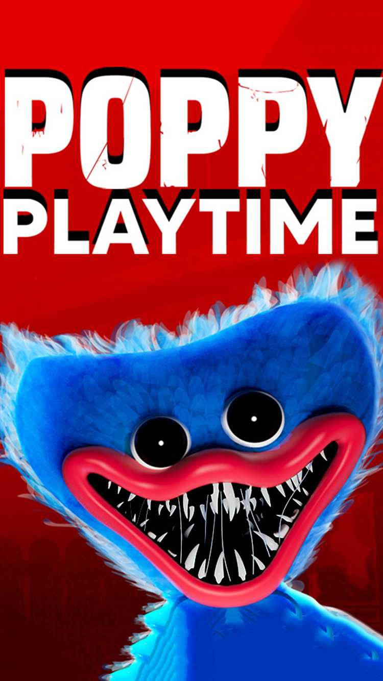 Huggy Wuggy Poppy Playtime 壁紙 — 一個帶有鋒利牙齒和大眼睛的威脅性藍色毛茸茸生物，在血紅色背景上凝視著粗體白色文字「POPPY PLAYTIME」。