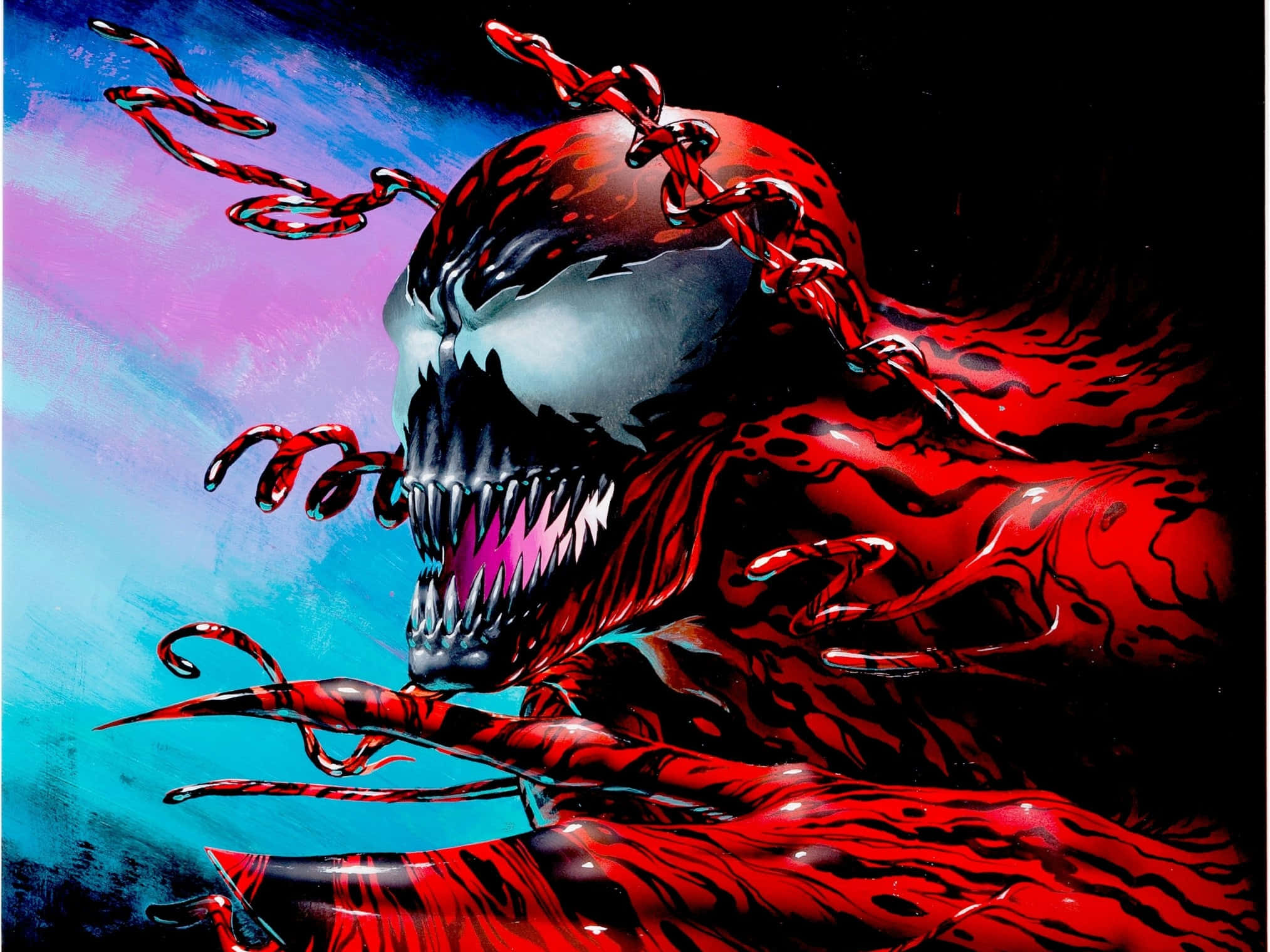 Carnage 桌布 壁紙 — 一個帶有鋒利牙齒和扭動觸手的威脅性紅色共生生物，背景是充滿活力的藍色和紫色天空。