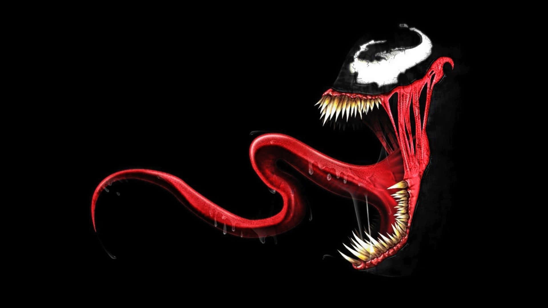 Symbiote 桌布 壁紙 — 一個帶有鋒利牙齒和滴落觸手的威脅性紅色共生生物，背景為黑色。