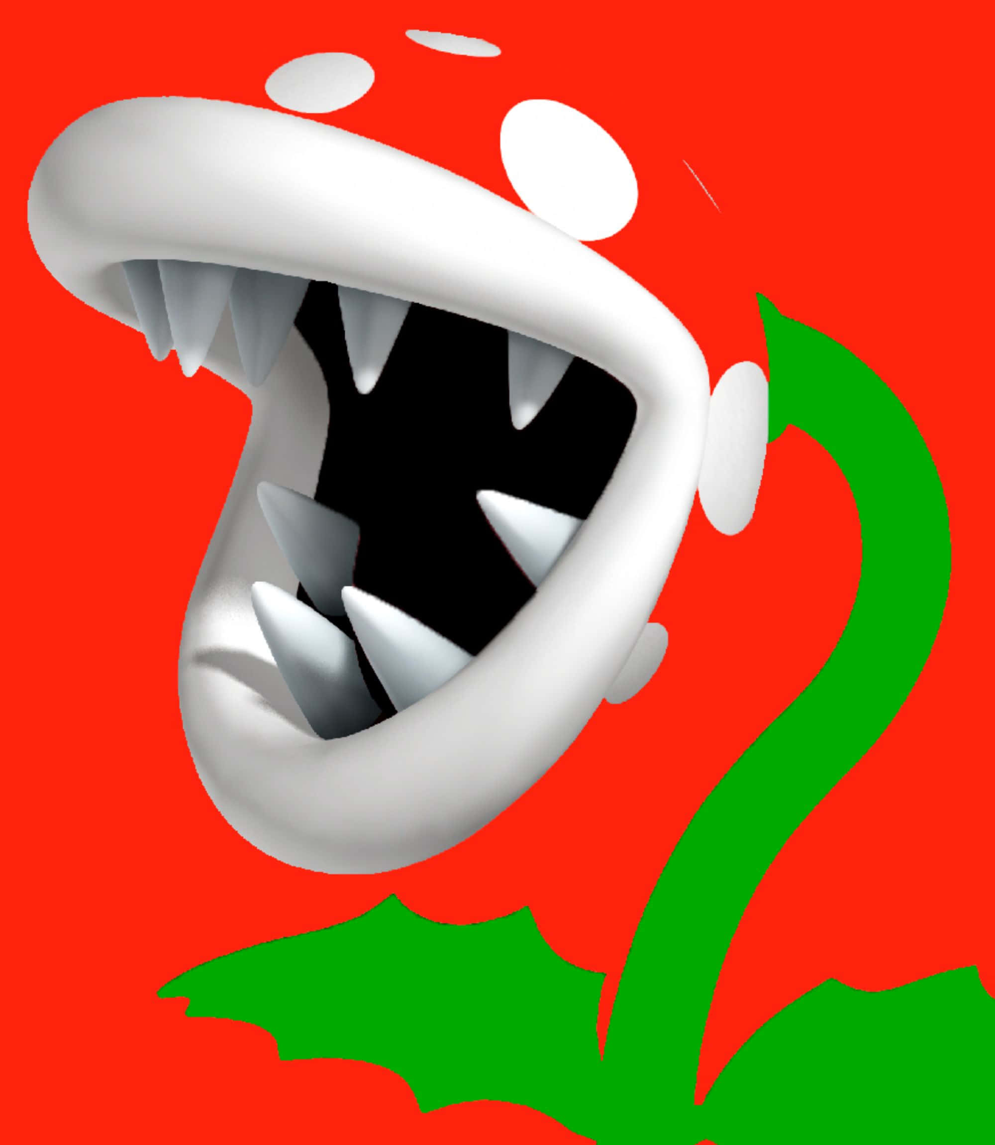 piranha plant 桌布 壁紙 — 一個帶有鋒利牙齒和綠色莖的威脅性3D渲染吞食花，背景為鮮紅色。