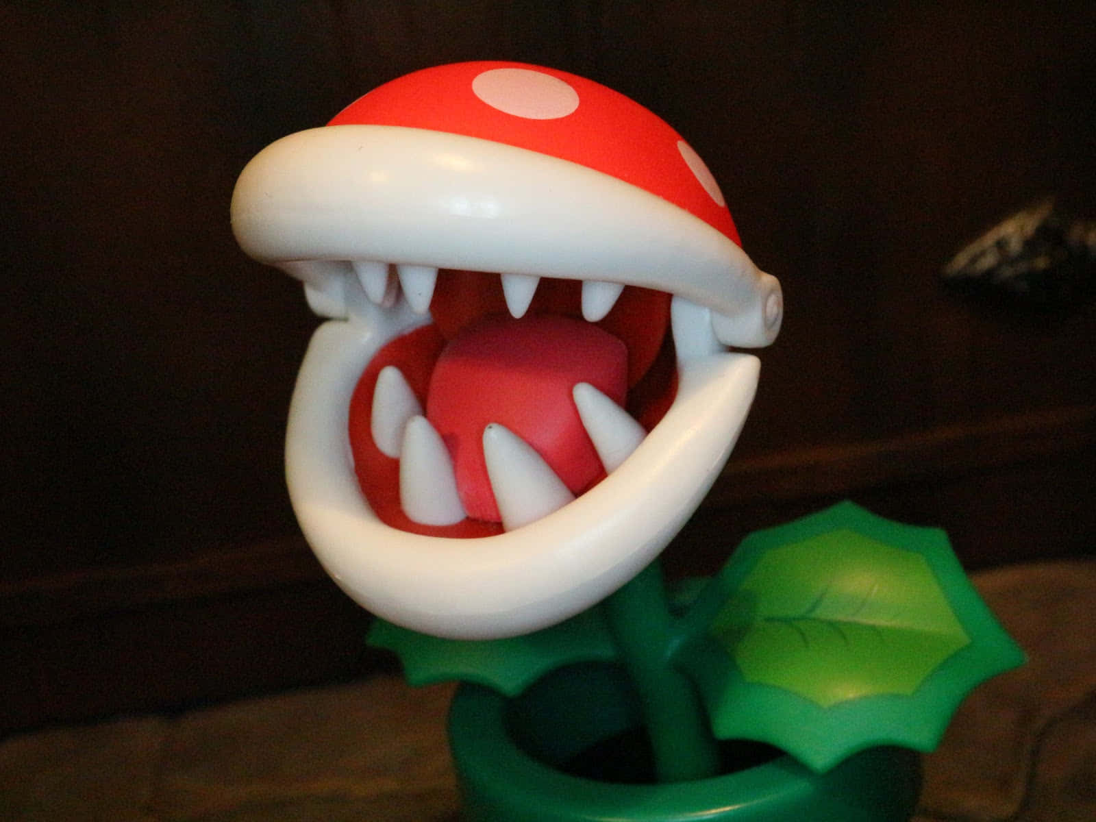 piranha plant 桌布 壁紙 — 一個帶有鋒利牙齒和綠色葉子的紅色和白色食人花公仔，張開嘴巴凝視著。