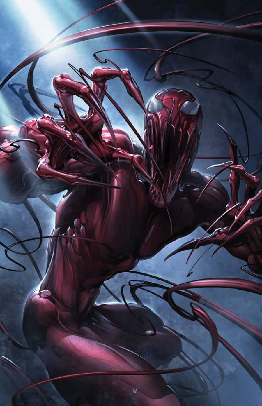 Carnage USA 桌布 壁紙 — 一個帶有鋒利觸手的威脅性紅色共生生物，在深藍色暴風雨背景下向前猛衝。