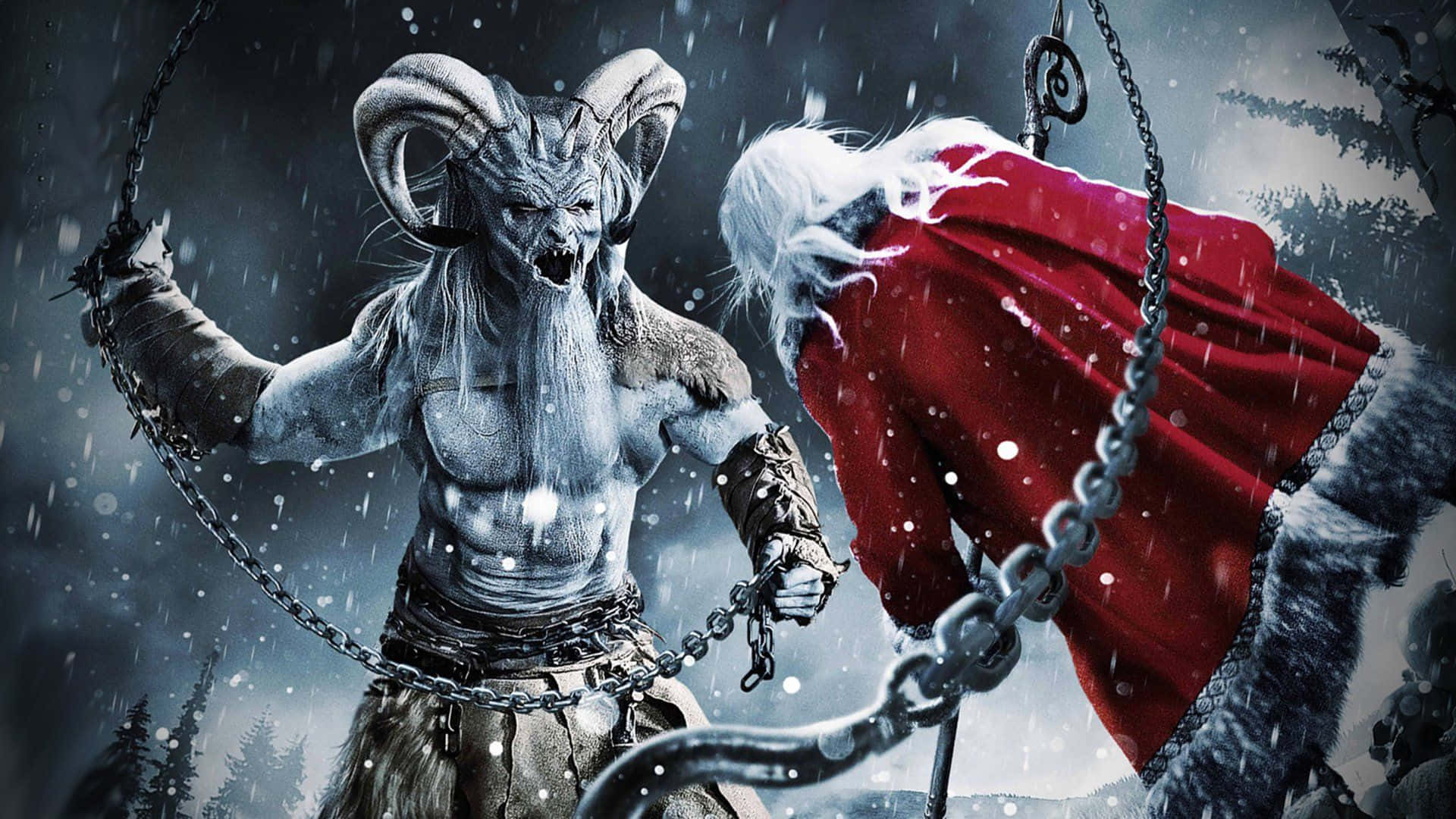 Christmas Movie 桌布 壁紙 — 一個帶有鎖鏈的惡魔角狀人物在夜晚的雪地森林中與身穿紅袍的聖誕老人對峙。