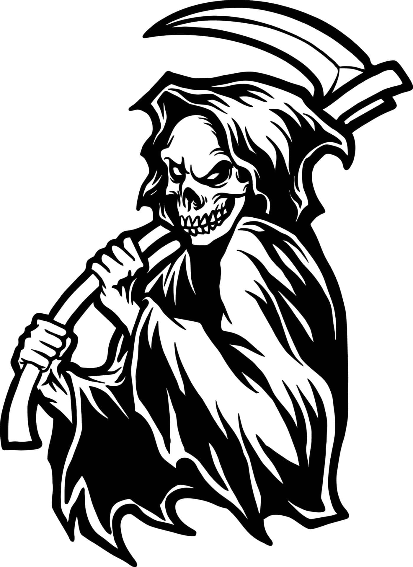 死神 桌布 壁紙 — 一個帶有鐮刀和飄逸斗篷的死神嘅黑白插圖，充滿威脅感。