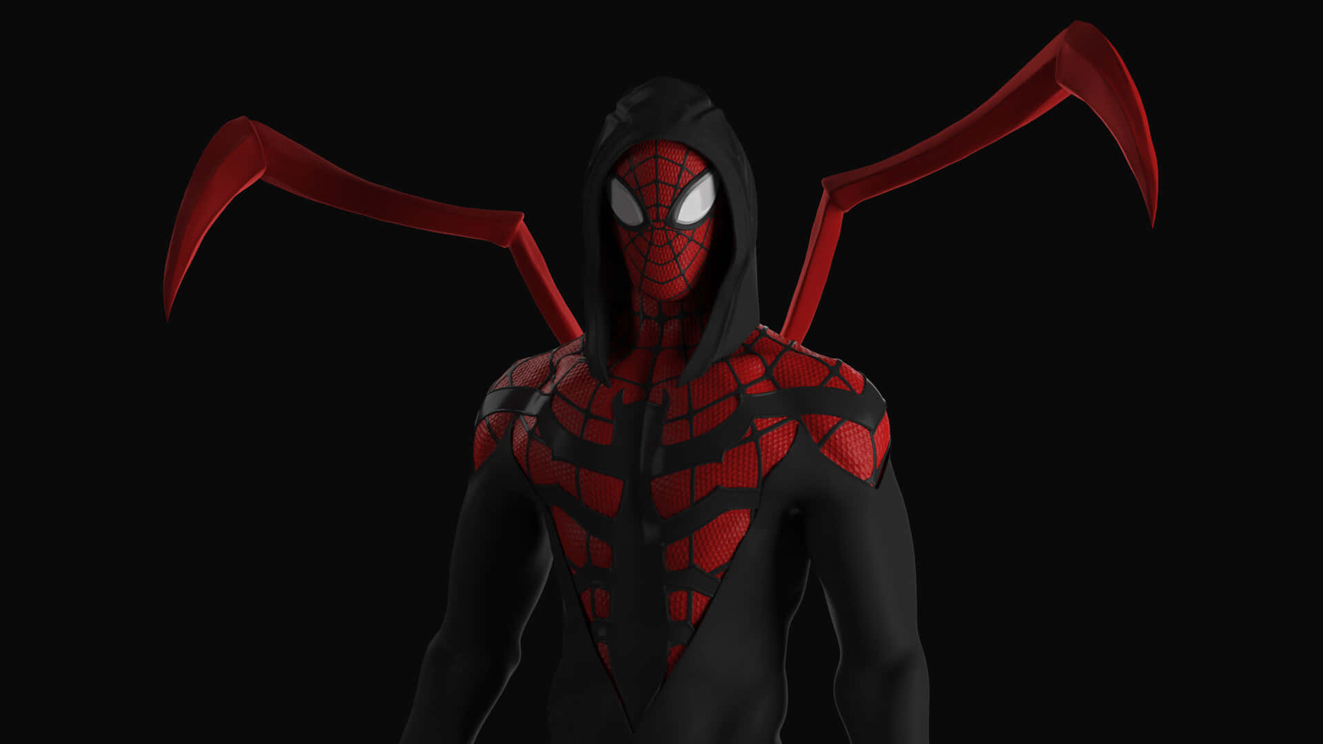 Superior Spider-man 桌布 壁紙 — 一個帶有鐮刀狀刀片在背上的威脅性紅黑蜘蛛俠站在黑暗虛空中。