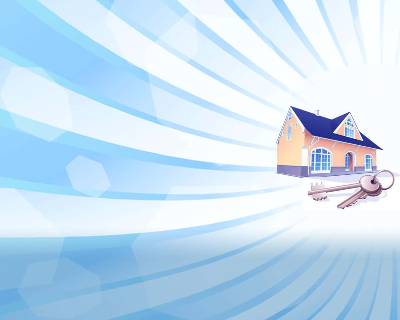 Real Estate 桌布 壁紙 — 一個帶有鑰匙的歡樂卡通屋，放置在動態的藍白條紋背景上。