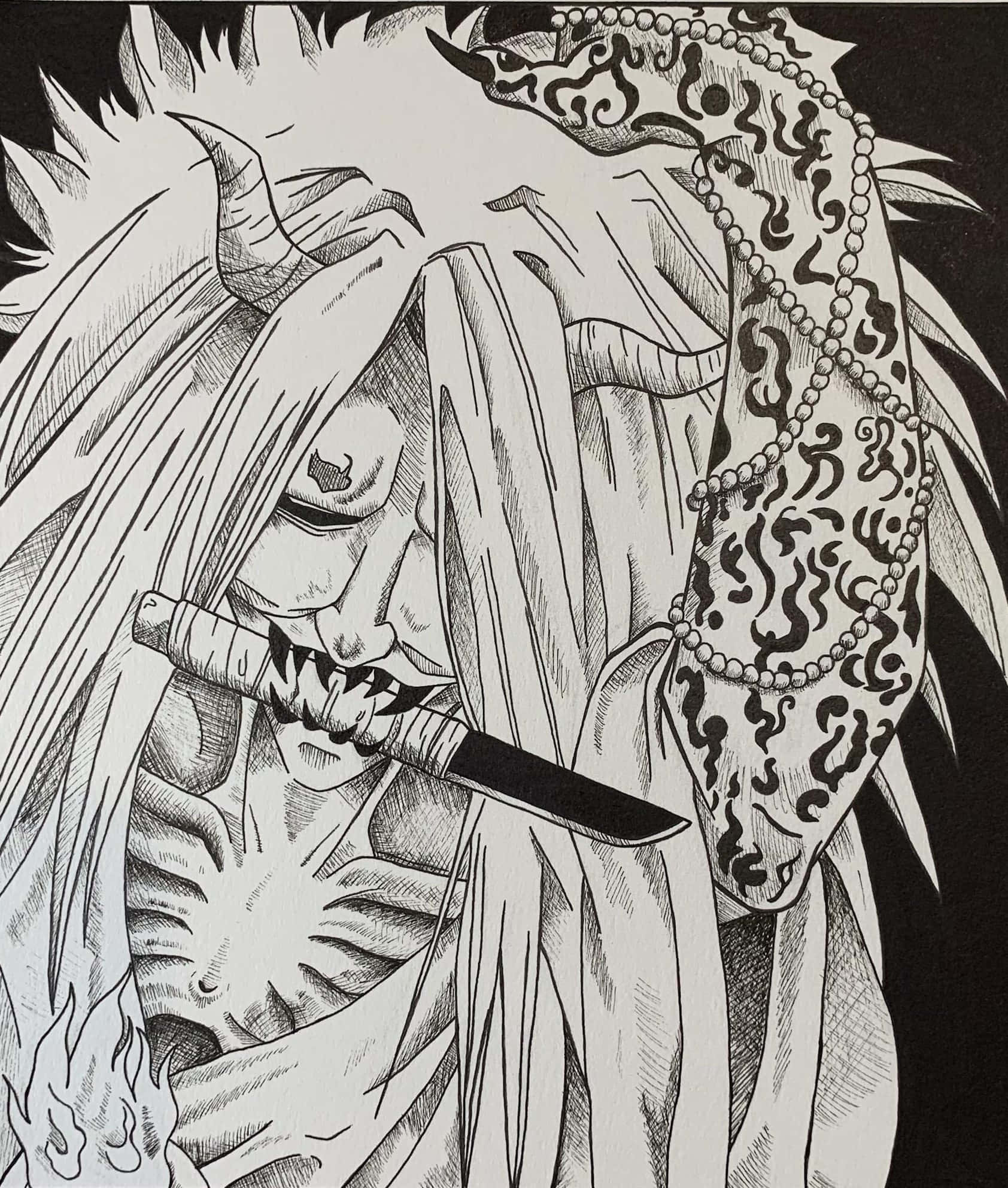 Reaper Death Seal 桌布 壁紙 — 一個帶有長髮、角，嘴裡叼著刀的威脅性動漫角色，在黑暗背景下凝視著。