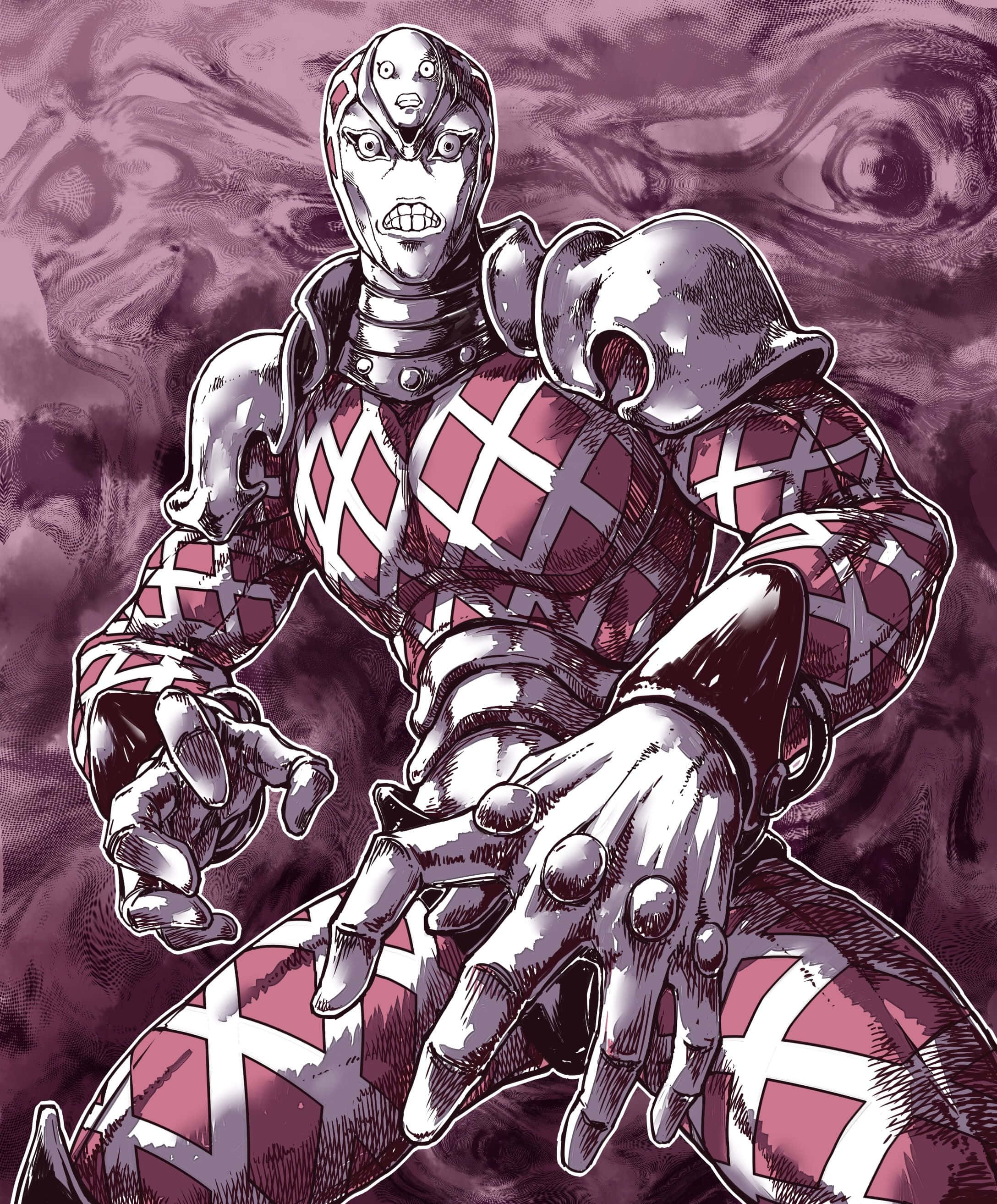 Jojo King Crimson 桌布 壁紙 — 一個帶有骷髏面具和紅色菱形圖案、充滿威脅性的裝甲動漫角色，蹲在旋轉的紫色背景前。