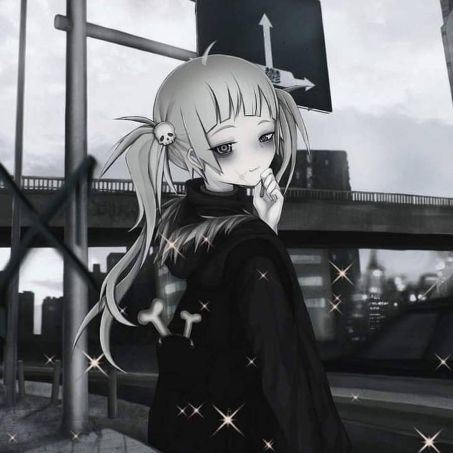 Anime Cute Girl 桌布 壁紙 — 一個帶有骷髏髮夾的憂鬱動漫女孩，站在單色的城市環境中，閃爍的星星點綴著她的深色外套。