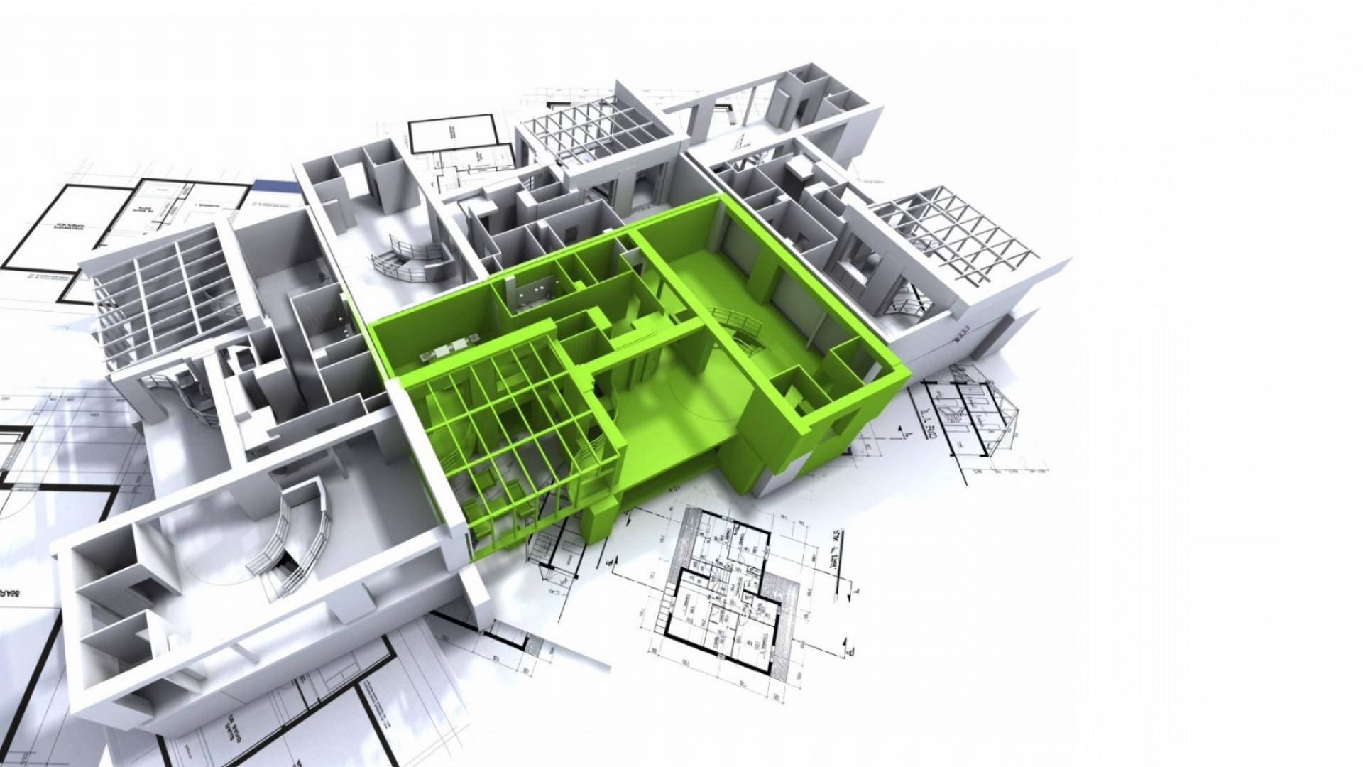 engineering 桌布 壁紙 — 一個帶有鮮綠色核心的3D建築模型，放置在散落的藍圖上，背景為純白色。