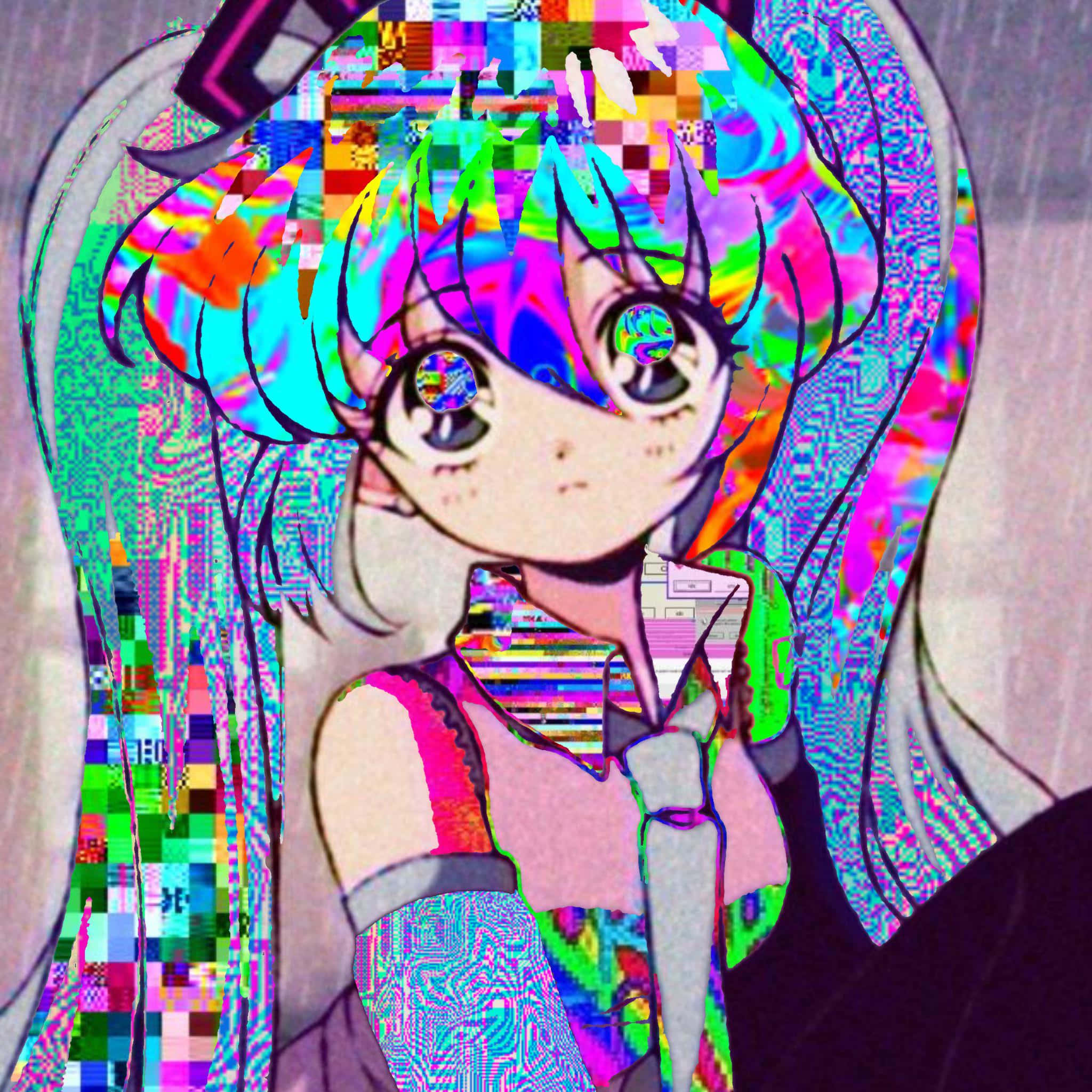 Glitchcore 桌布 壁紙 — 一個帶有鮮豔彩虹頭髮和眼睛的故障藝術動漫女孩，被數碼扭曲和像素噪點包圍。