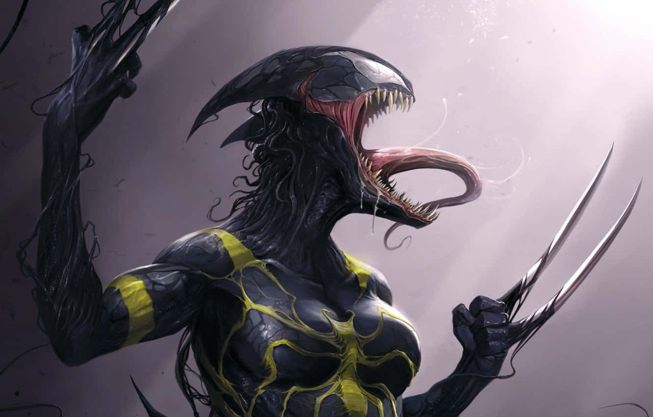 Venomverse 桌布 壁紙 — 一個帶有黃色共生體圖案嘅威脅性毒魔角色，喺柔和灰色背景前揮舞住亞德曼合金爪咆哮。