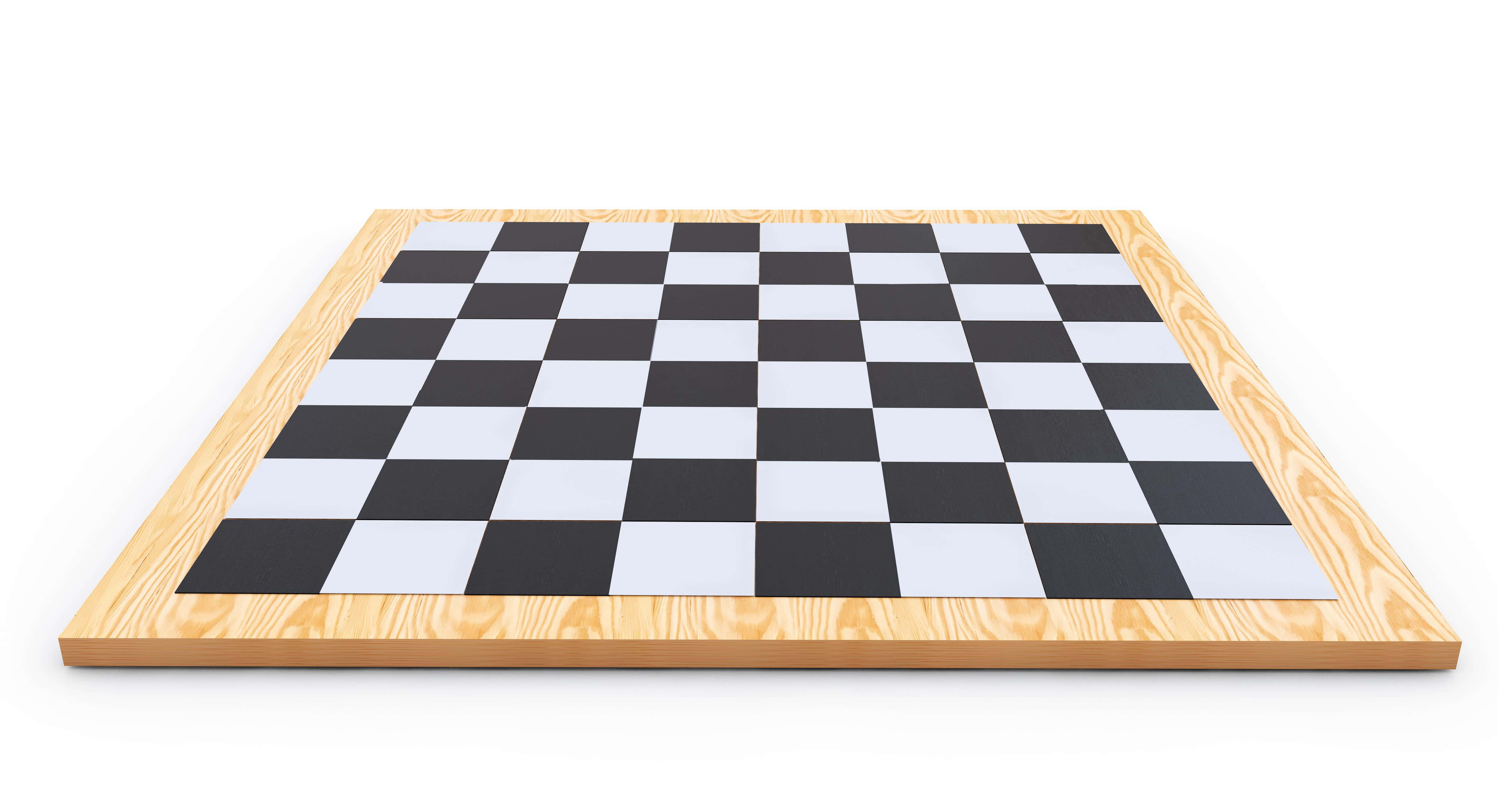 Chessboard 桌布 壁紙 — 一個帶有黑白方格的木製棋盤，居中放置在純白色背景上。