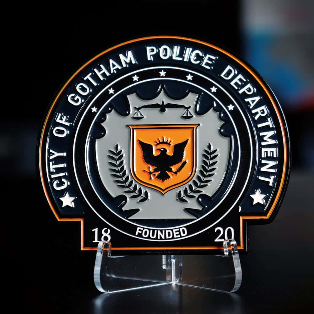 Gotham City Police Department 桌布 壁紙 — 一個帶有黑色、銀色和橙色點綴的光面葛咸城警察局徽章，放置在透明亞加力支架上，背景為深色。