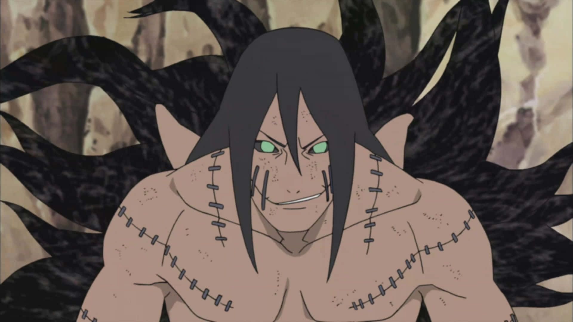 Akatsuki Kakuzu 桌布 壁紙 — 一個帶有黑色尖刺頭髮、綠色眼睛和肌肉軀幹上縫合疤痕的威脅性動漫角色站在岩石背景前。