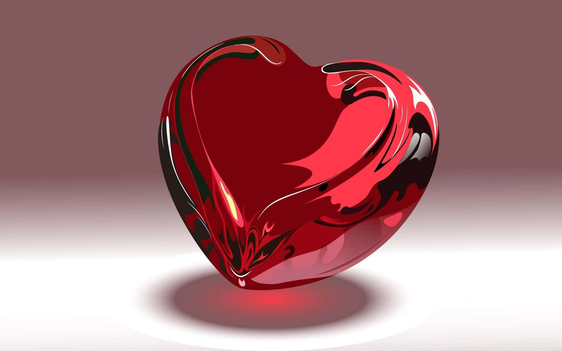 3d Heart 桌布 壁紙 — 一個帶有黑色漩渦圖案的亮面紅色心形玻璃物件，放置在白色表面上，背景為柔和的紫紅色。
