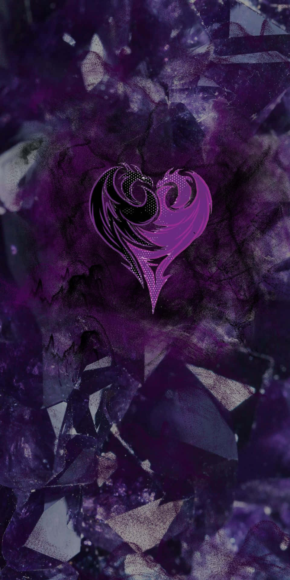 Descendants 桌布 壁紙 — 一個帶有黑色漩渦的風格化紫色心形，在紋理紫水晶晶體場中發光。