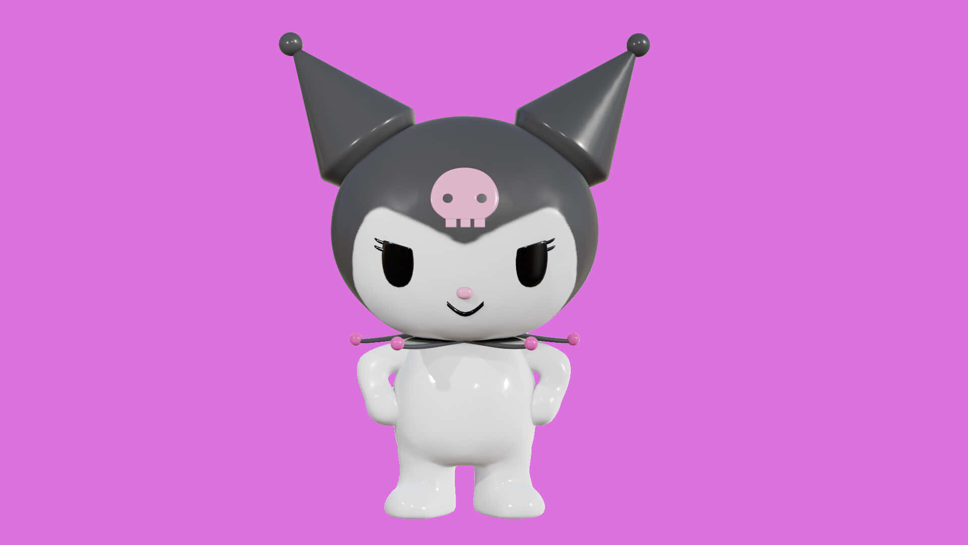 Kuromi Fanart 桌布 壁紙 — 一個帶有黑色角和粉紅色骷髏標誌的光澤白色Kuromi公仔，自信地站在純粉紅色背景前。