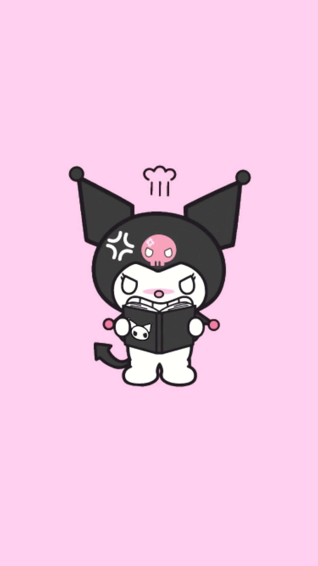 Kuromi Aesthetic 桌布 壁紙 — 一個帶有黑色角和骷髏標誌的卡通Kuromi角色，在純粉紅色背景上以憤怒的表情閱讀一本書。