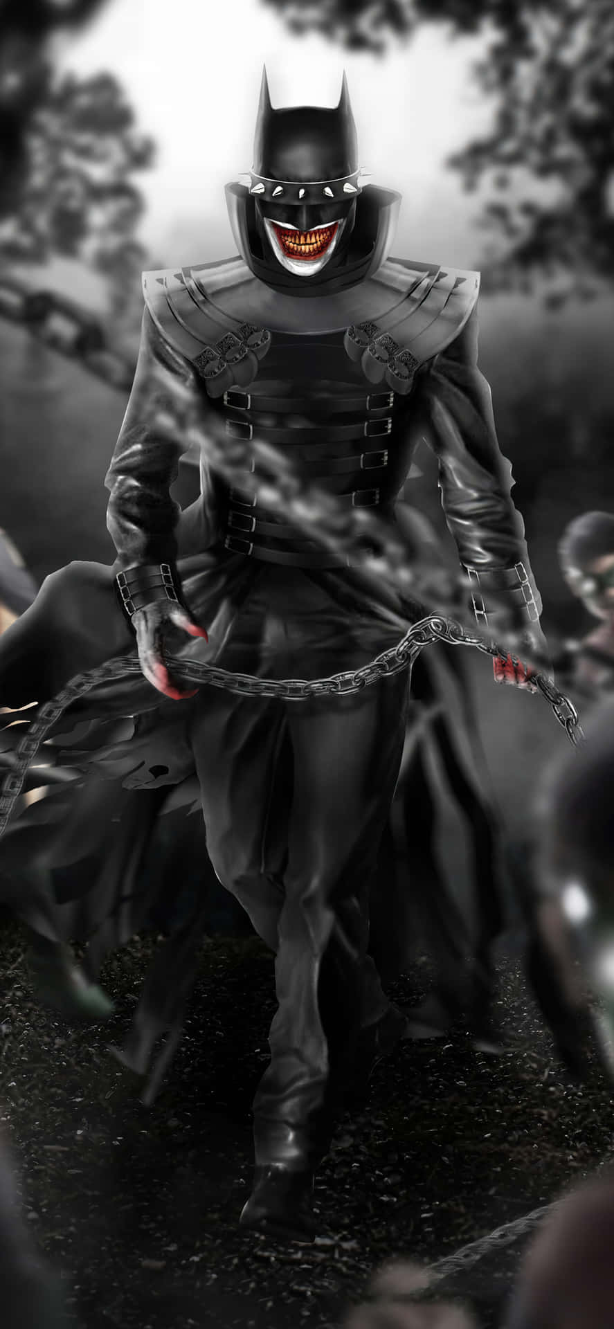 The Batman Who Laughs 桌布 壁紙 — 一個帶着咧嘴骷髏面具的威脅性蝙蝠俠在陰暗的天空下於黑暗的森林中揮舞着鎖鏈。