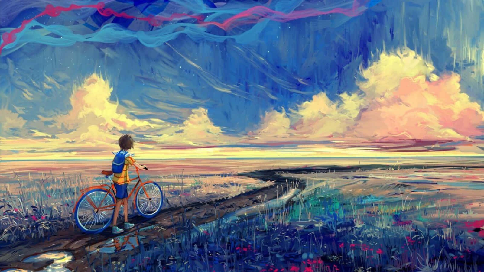 Visual Art 桌布 壁紙 — 一個帶著單車的小孩站在小徑上，凝視著廣闊的天空，天空被旋轉的雲彩和鮮豔的日落色彩所描繪。